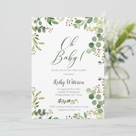 Greenery Gold Glitzer Botanical Baby Shower Einladung (Stehend Vorderseite)