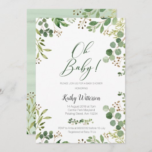 Greenery Gold Glitzer Botanical Baby Shower Einladung (Vorne/Hinten)