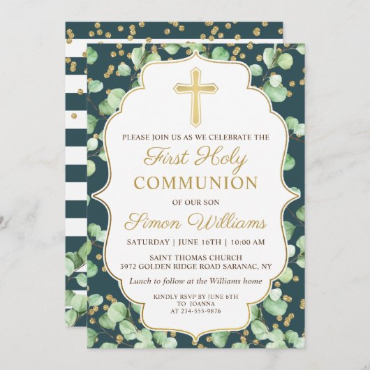 Greenery Gold Glitzer Erste Heilige Kommunion Einladung (Vorne/Hinten)