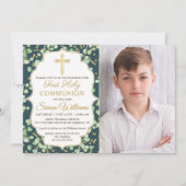 Greenery Gold Glitzer Erste Heilige Kommunion Einladung (Vorderseite)