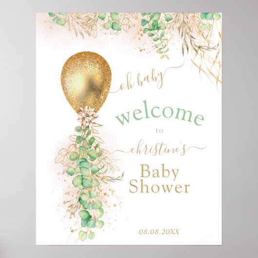 Greenery Gold Glitzer Eucalyptus Balloon Willkomme Poster (Vorne)
