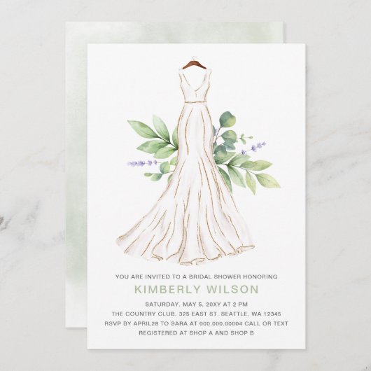 Greenery Gold Glitzer Wedding Dress Brautparty Einladung (Vorne/Hinten)