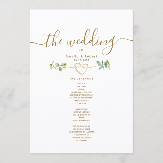 Greenery Gold Heart Wedding Program Programm (Vorderseite)