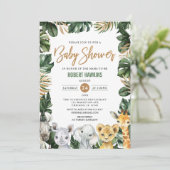 Greenery Gold Jungle Animals Safari Baby Dusche in Einladung (Stehend Vorderseite)