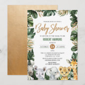 Greenery Gold Jungle Animals Safari Baby Dusche in Einladung (Vorne/Hinten)