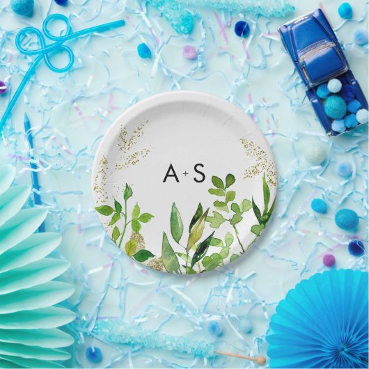 Greenery & Gold Leaf Gerahmt Wedding Monogram Pappteller (Party)