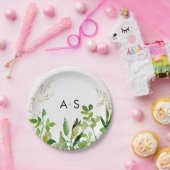 Greenery & Gold Leaf Gerahmt Wedding Monogram Pappteller (Party)