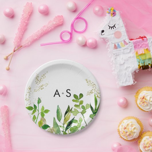 Greenery & Gold Leaf Gerahmt Wedding Monogram Pappteller (Party)