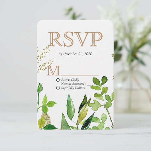 Greenery & Gold Leaf Gerahmte Blätter Hochzeit RSV RSVP Karte (Stehend Vorderseite)
