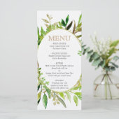 Greenery & Gold Leaf Gerahmte Blätter Hochzeitsmen Menükarte (Stehend Vorderseite)