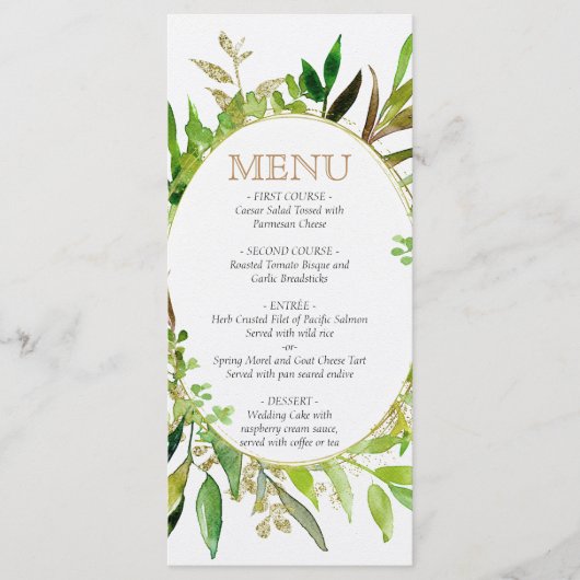 Greenery & Gold Leaf Gerahmte Blätter Hochzeitsmen Menükarte (Vorderseite)