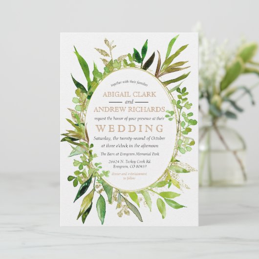 Greenery & Gold Leaf Gerahmte Hochzeit Einladung (Stehend Vorderseite)