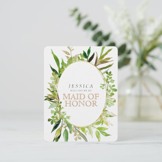 Greenery & Gold Leaf werden Sie meine Trauzeugin s Einladung (Stehend Vorderseite)