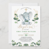 Greenery Gold Little Man Elephant Bowtie Taufe Einladung (Vorderseite)