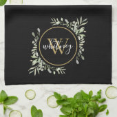 Greenery Gold Monogram Chic Script Black Geschirrtuch (Gefaltet)