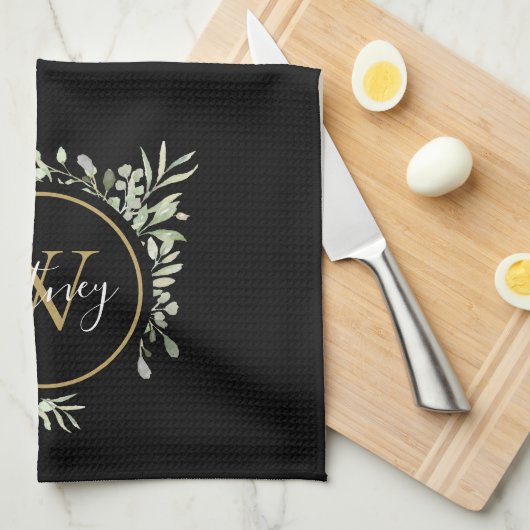 Greenery Gold Monogram Chic Script Black Geschirrtuch (Viertel Falte)
