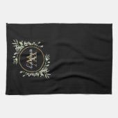 Greenery Gold Monogram Chic Script Black Geschirrtuch (Horizontal)