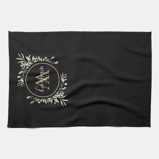 Greenery Gold Monogram Chic Script Black Geschirrtuch (Horizontal)