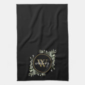 Greenery Gold Monogram Chic Script Black Geschirrtuch (Vertikal)
