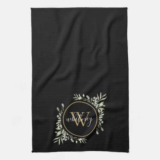 Greenery Gold Monogram Chic Script Black Geschirrtuch (Vertikal)