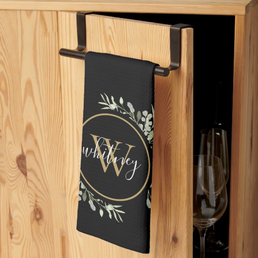 Greenery Gold Monogram Chic Script Black Geschirrtuch (Drittel gefaltet)