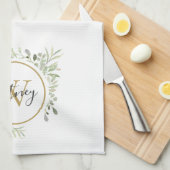 Greenery Gold Monogram Chic Script Geschirrtuch (Viertel Falte)
