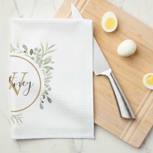 Greenery Gold Monogram Chic Script Geschirrtuch (Viertel Falte)
