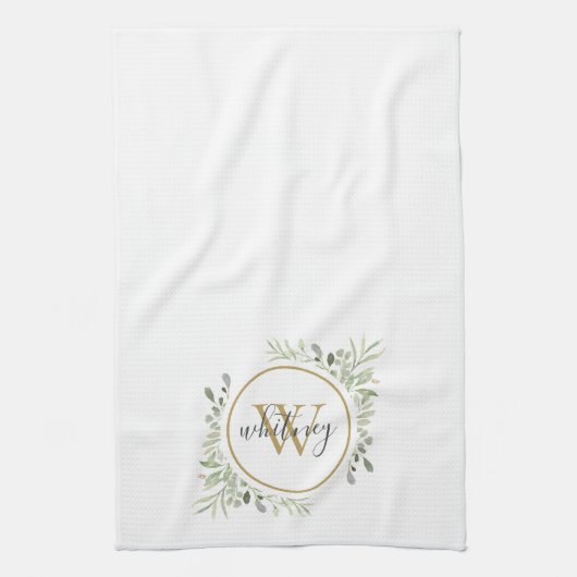 Greenery Gold Monogram Chic Script Geschirrtuch (Vertikal)
