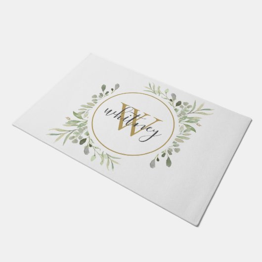 Greenery Gold Monogram Girly Script Fußmatte (Schrägansicht)