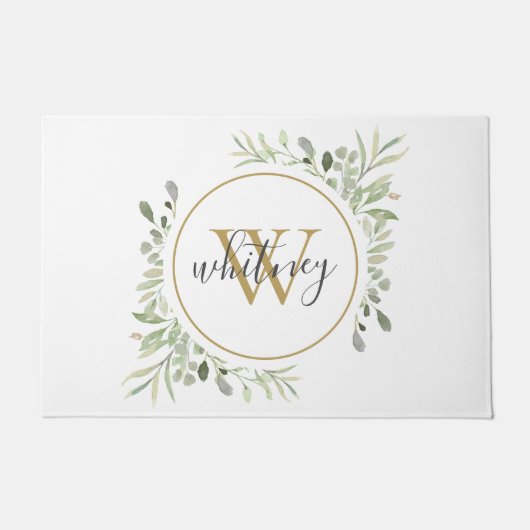 Greenery Gold Monogram Girly Script Fußmatte (Vorderseite)