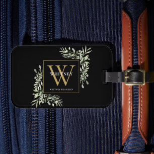 Greenery Gold Monogram Modern Black Gepäckanhänger