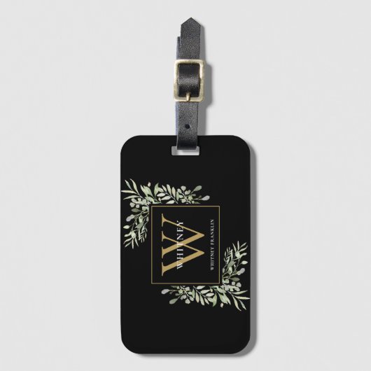 Greenery Gold Monogram Modern Black Gepäckanhänger (Vorderseite Vertikal)
