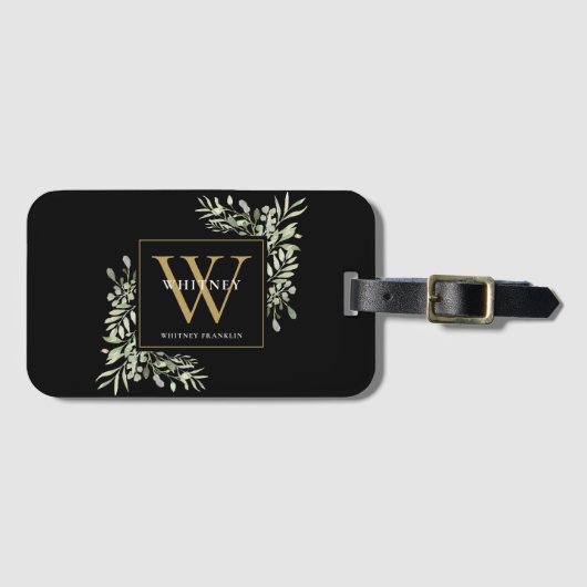 Greenery Gold Monogram Modern Black Gepäckanhänger (Vorderseite (Horizontal))