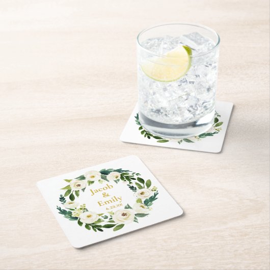 Greenery Gold Personalisierte Namen Datum Hochzeit Rechteckiger Pappuntersetzer (Vor Ort)