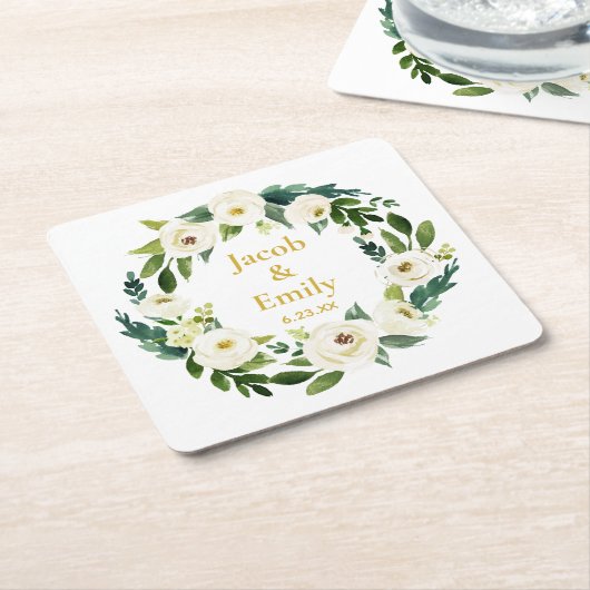 Greenery Gold Personalisierte Namen Datum Hochzeit Rechteckiger Pappuntersetzer (angewinkelt)