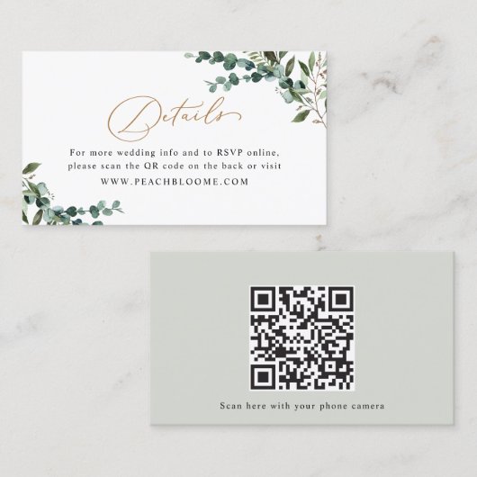Greenery Gold QR Code Wedding Enclosure Card Visitenkarte (Vorne/Hinten)