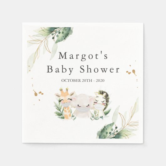 Greenery Gold Safari Tierwagen durch Babydusche Serviette (Vorderseite)