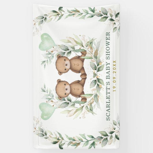 Greenery Gold Twin Teddy Bears Baby Dusche Willkom Banner (Vertikal)