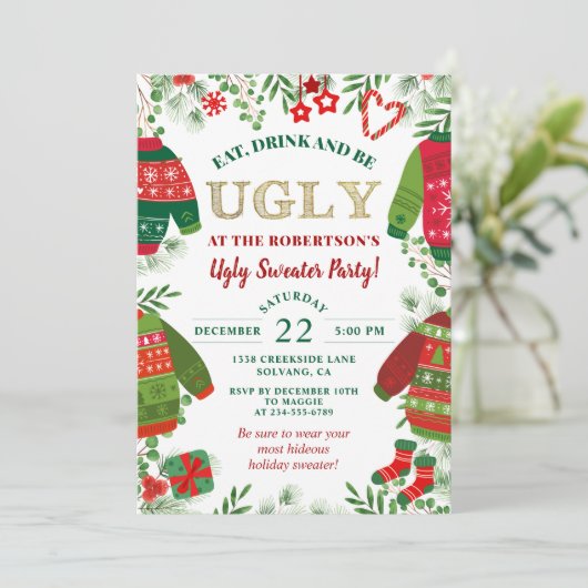 Greenery Gold Ugly Sweater Party Weihnachtsfeierta Einladung (Stehend Vorderseite)