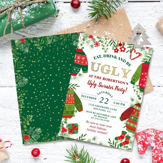Greenery Gold Ugly Sweater Party Weihnachtsfeierta Einladung