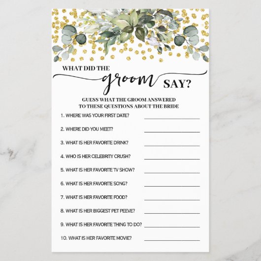 Greenery Gold Was hat Groom Say Shower Game Card Flyer (Vorne)