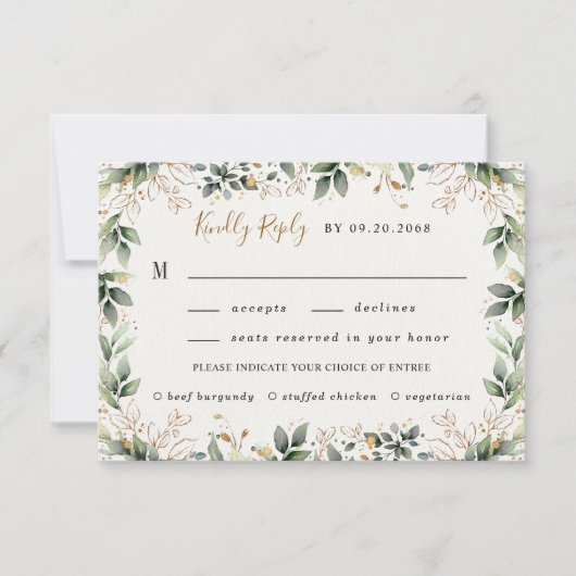 Greenery Gold Watercolor Boho Meal Choice Wedding RSVP Karte (Vorderseite)