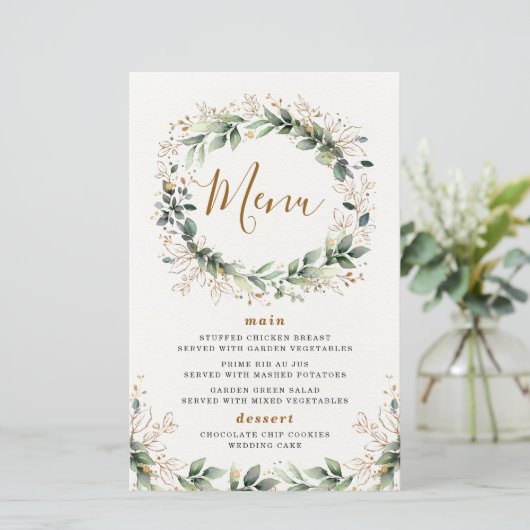 Greenery Gold Watercolor Leaf Wedding Menu Cards (Stehend Vorderseite)