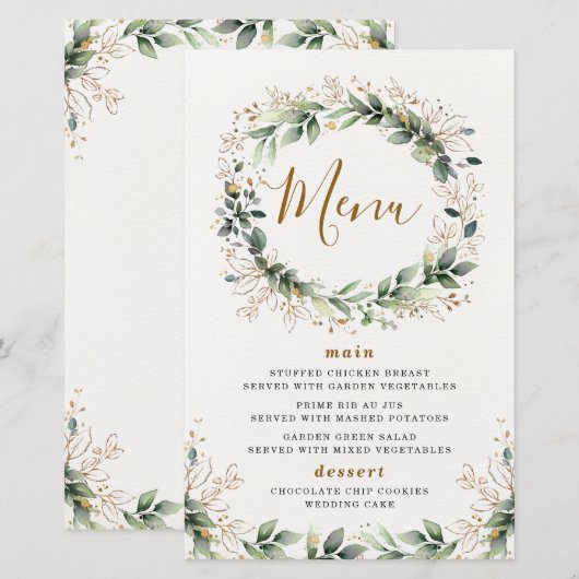 Greenery Gold Watercolor Leaf Wedding Menu Cards (Vorne/Hinten)