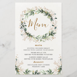 Greenery Gold Watercolor Leaf Wedding Menu Cards