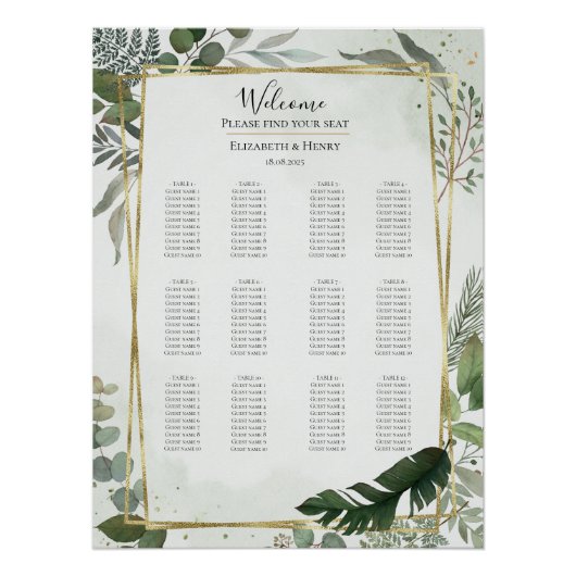 Greenery gold watercolour wedding seating chart (Vorderseite)