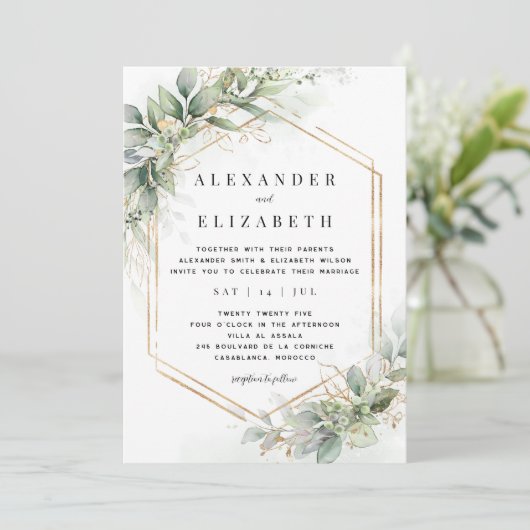 Greenery & Gold Wedding Einladung (Stehend Vorderseite)