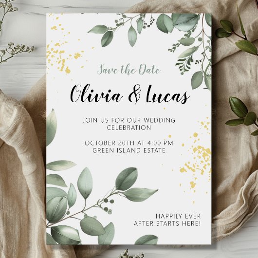 Greenery & Gold Wedding Einladung mit Script-Schri