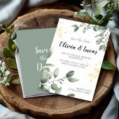 Greenery & Gold Wedding Einladung mit Script-Schri