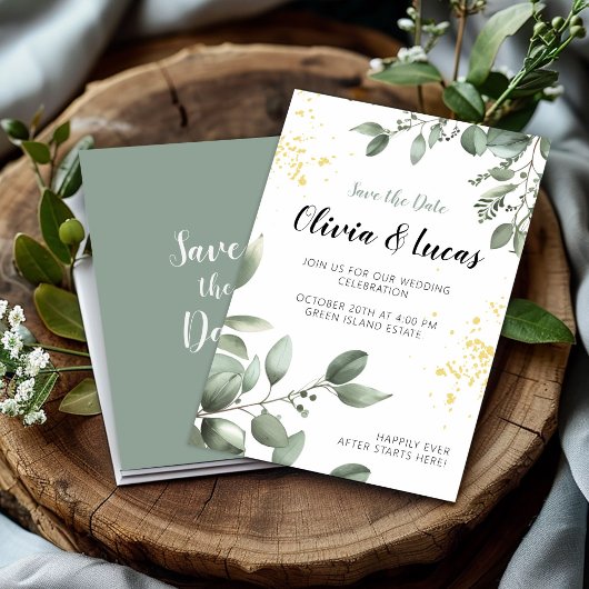 Greenery & Gold Wedding Einladung mit Script-Schri